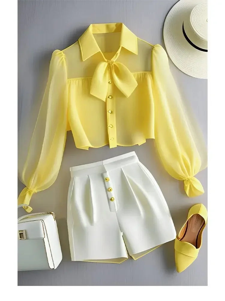 Chiffon Yellow Lapel Neck Perspective Top OL Shirt White Casual Pants Sets 2 Piece Womens Outfits Spring Summer Suit Blouse