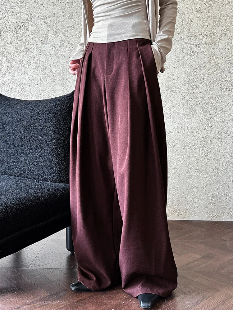 High Waist Wine Red Brief Pleated Long Wide Leg Elegant Pants New Trousers Women Fashion Tide Spring Autumn