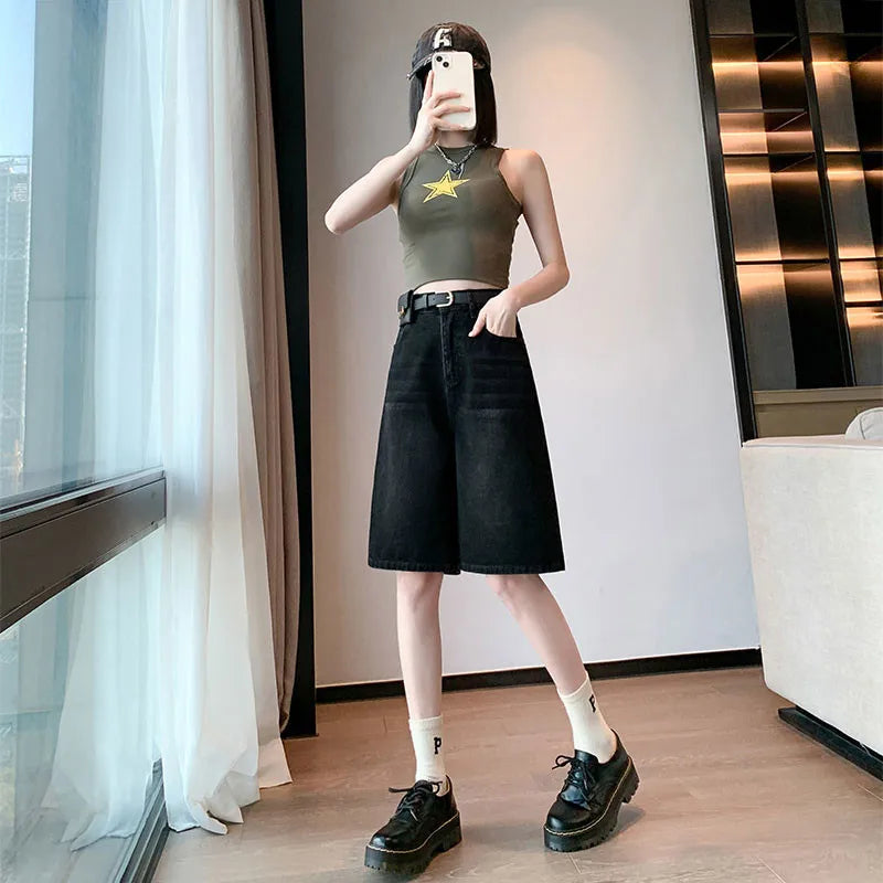 Women Black Y2k Style Baggy Denim Shorts Wide Leg Capri Pants Fashion High Waisted Dark Wash Jeans Female Casual Retro 2000s