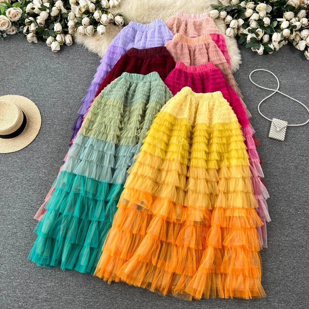 2024 New Summer Gradient Colorful Rainbow Stripe Mesh Tulle Skirts Women Long Maxi Skirt Fashion Elegant Elastic Waist