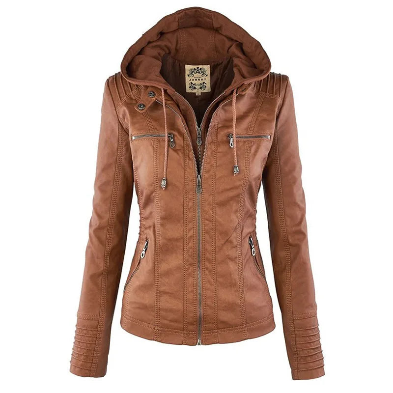Faux Leather Jacket Women Khaki Winter Motorcycle Jacket Gothic Hoodies Outerwear Faux Leather PU Basic Jacket Coat