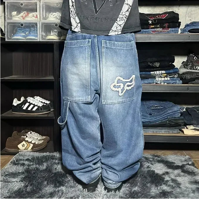 Y2K trendy retro classic pocket skull pattern straight denim trousers summer American Gothic washed wide-leg denim loose pants