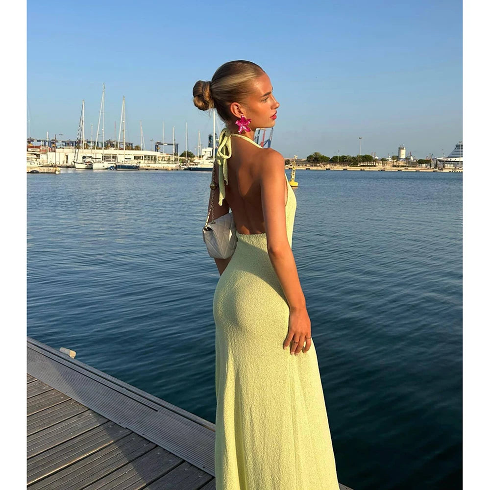 Beach Cover Up Knitted Tunic Bikini Cover-ups Sexy See-Through Halter Maxi Dress Women Slit Summer Dress Beachwear