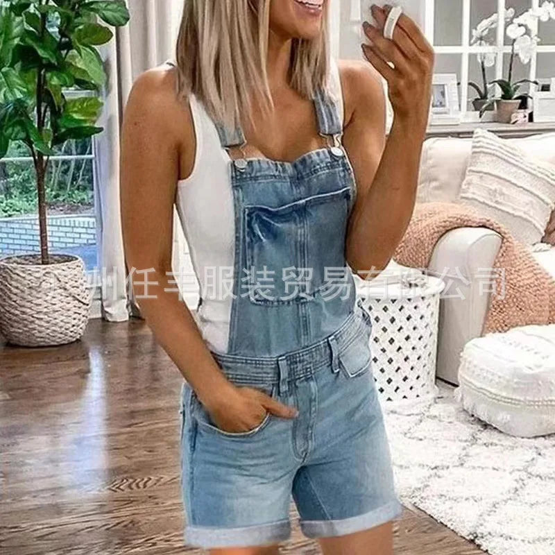 Women Rompers Jeans Jumpsuits One Piece Overalls Washing Denim Shorts Button Loose Casual Pockets Knee Length Summer