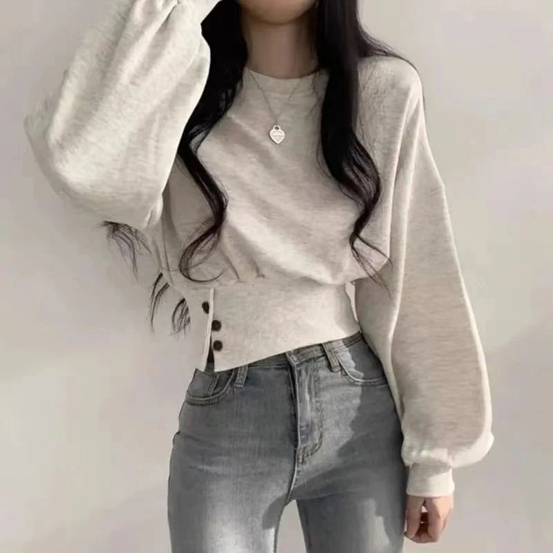 Autumn Women Solid O-Neck Slim Crop Top Lantern Sleeve With Button Sweat Casual Hip-Hop Sporty Pullover Sweet Chic Street Wear