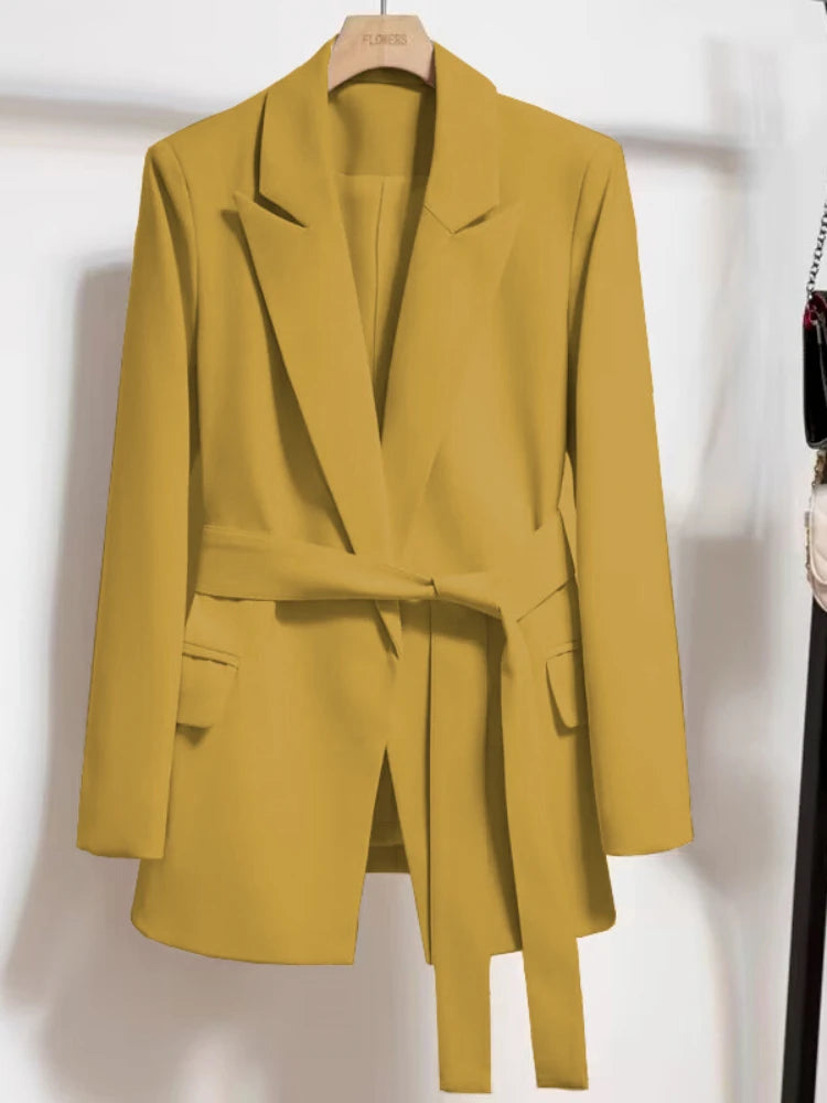 Women's Blazers Spring Autumn Suit Coat Beige Tie Up Jacket Slim Fit Stylish Top Outerwear Office Lady Blazer for Women Clothing