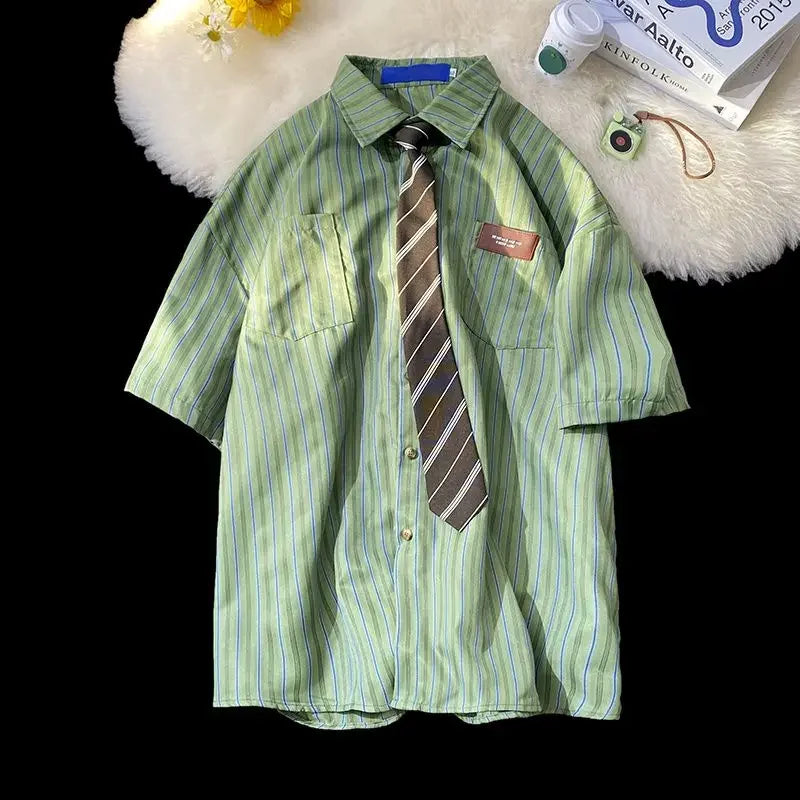 American retro POLO collar short sleeved shirt men and women summer casual couple all-match loose tie half sleeved y2k top tide