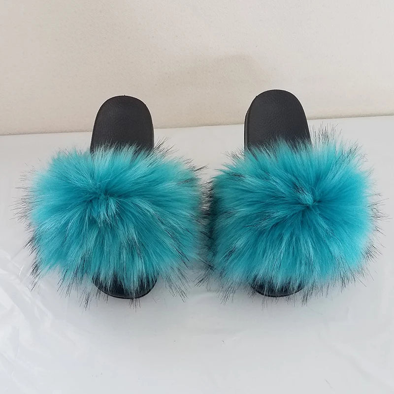 Summer Faux Fur Slippers Women Indoor Furry Fur Slides Female Plush Flip Flops Flats Sandals Casual Fluffy Slipper House Shoes
