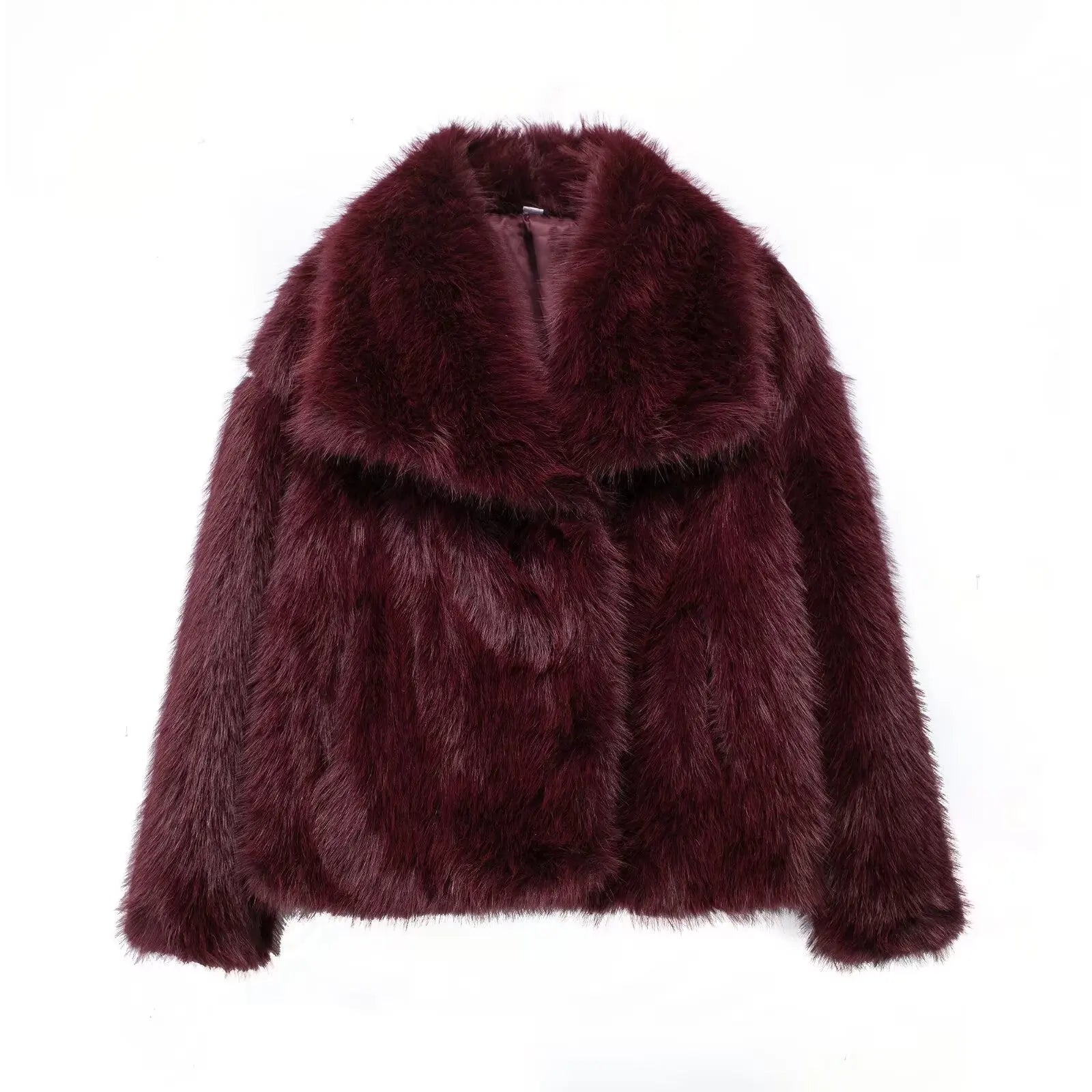 TRAFZA-Women Fashion Winter Solid Big Lapel Coat Faux Fur Coat Jacket New 2024 Autumn Winter Slouchy Burgundy Black Gray Coat