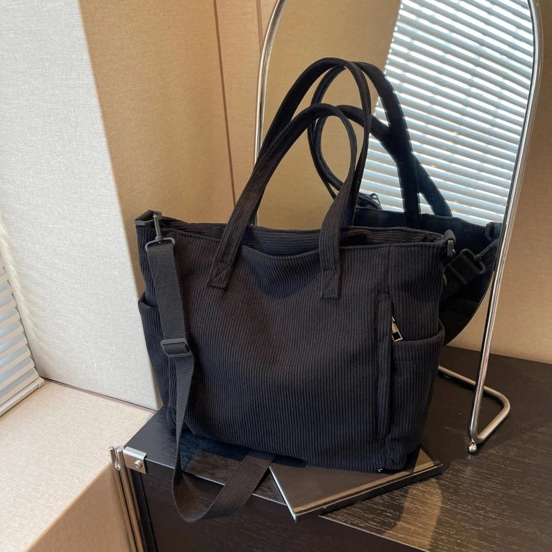Fashionable Striped Velvet Handbag Simple Style Corduroy Shoulder Bag Solid Color Large Capacity Commuting Women's Tote Bag