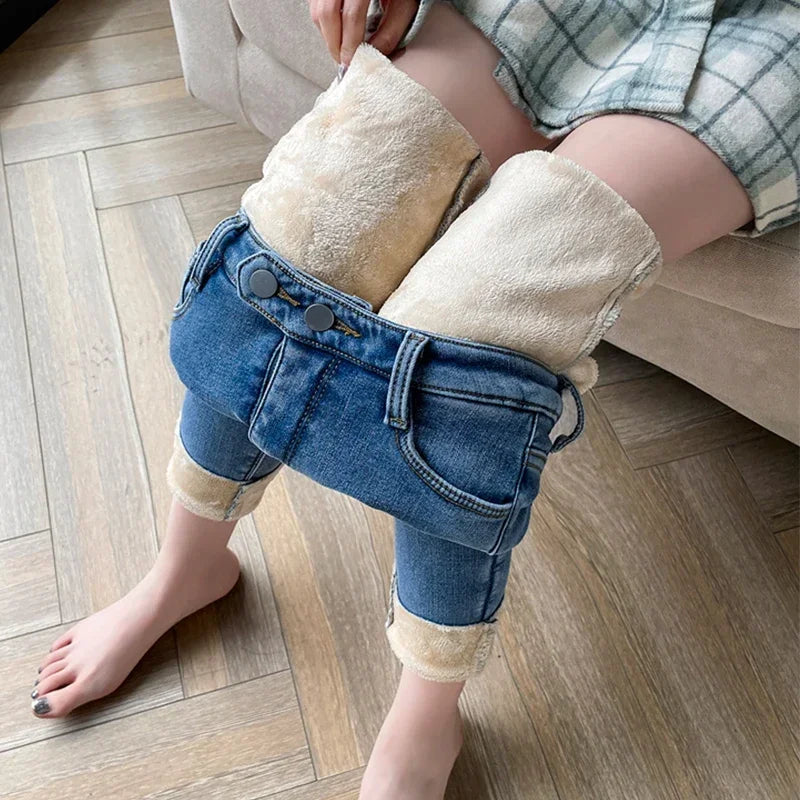 ZOENOVA Winter Thick Velvet Women Warm Hot Skinny Jeans Simple Fleece Warm Slim Fit Stretch Ladies Casual Denim Pencil Pants Y2K