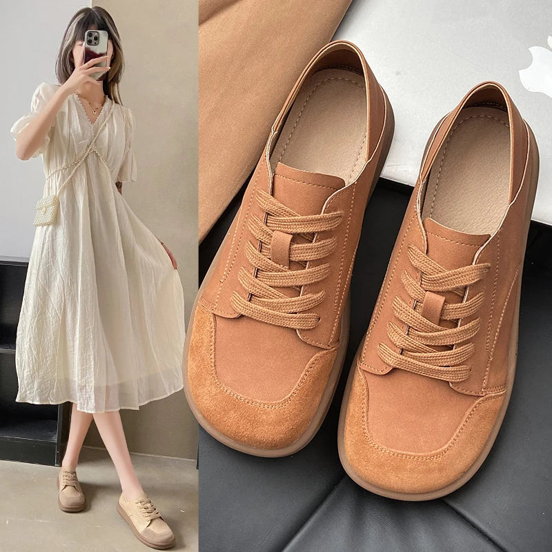 Woman's Winter New Leather Lace Up Plush Warm Flat Sole Cotton Shoe Soft Non Slip Widened Round Toe Shoes