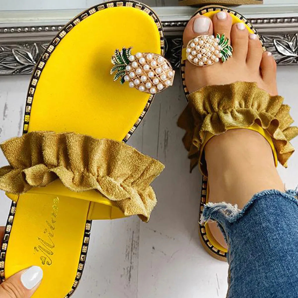 Women Slipper Pineapple Pearl Flat Toe Bohemian Summer Beach Sandals Ladies Shoes plus size Mujer Verano
