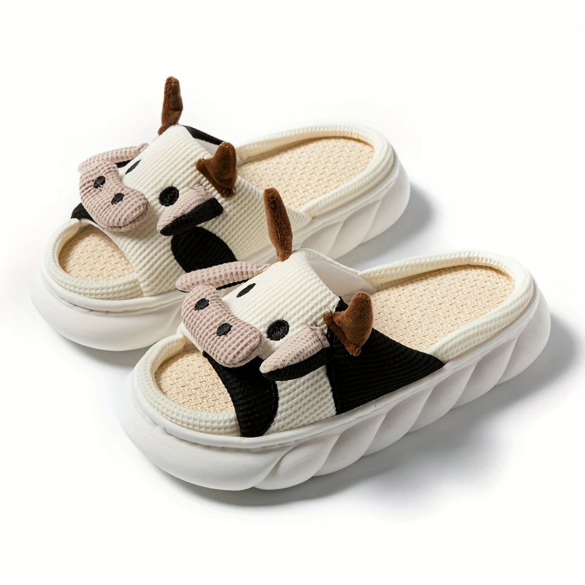 Women's Kawaii Cartoon Cow House Slippers, Casual Slip On Platform Slipper, Comfortable Indoor Shoes