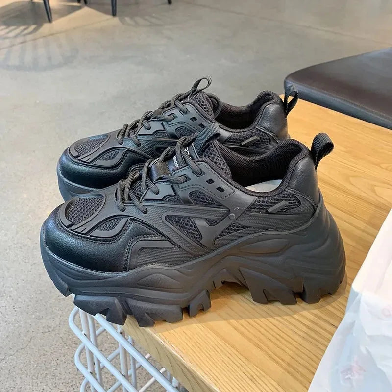 Women New Fashion Platform Sport Shoes Women New Summer Black Casual Chunky Sneakers Women Mesh Leather Platform Shoes