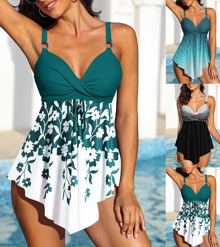 Women's Beachwear Draped Leaf Print Ladies Tankini Swimwear Swim Skirt Two Piece Bikini Set Beachwear S-6XL