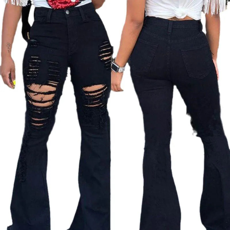 Streetwear Distressed Classic Full Length Long Trouser Women High Waist Black Flare Jeans Lady Bell Bottom Ripped Denim Pants