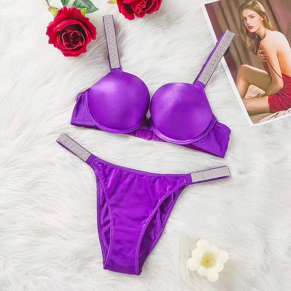 Women's lingerie panty set push-up bra and panties sexy lace rhinestone lettering brand design lingerie bra 2-pack