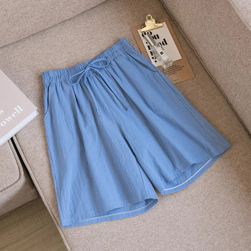 Women Cotton shorts Summer Casual Solid Two Pockets shorts high waist loose shorts for girls Soft Cool female shorts