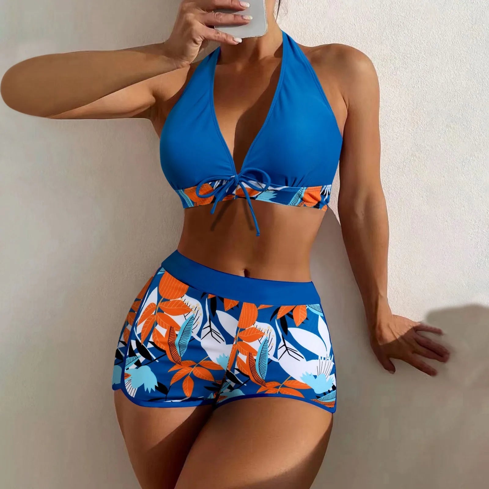 Women's Paneled Printed Swimsuit Ladies Fashion Sexy Split Boxer High Waist Swimsuit Two-Piece Set V-Neck Bathing Suits Female