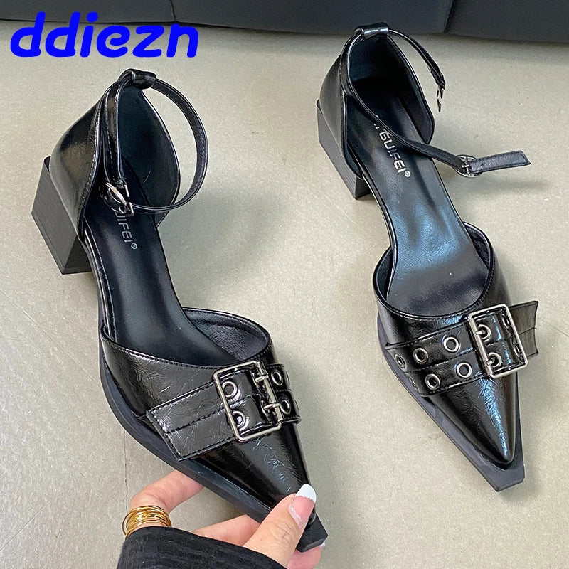 Female Pointed Toe Footwear Ankle Strap Ladies Medium Heels Shoes Shallow New Fashion Buckle Women 4cm Heels Pumps Shoes