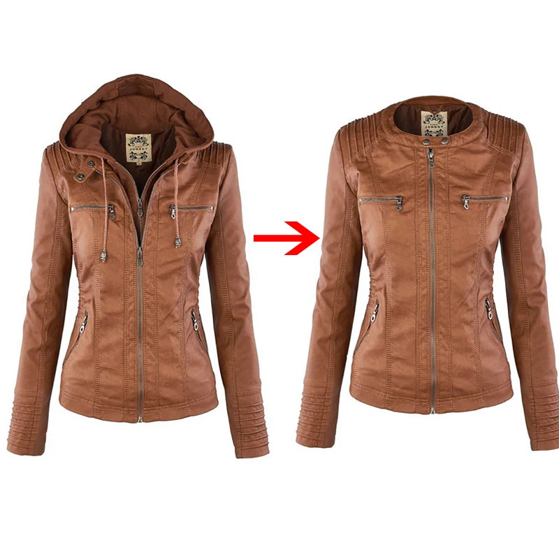 Faux Leather Jacket Women Khaki Winter Motorcycle Jacket Gothic Hoodies Outerwear Faux Leather PU Basic Jacket Coat