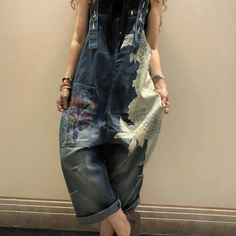 Korean Females Fashion Overalls Ladies Spring Printed Denim Harem Pants Vintage Casual Jeans Womens Loose Vintage Trousers