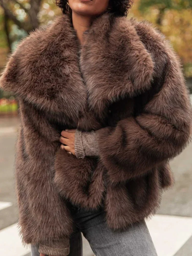 Women's Retro Lapel Long Sleeved Buttons Faux Fur Coats Winter Thick Warm Solid Color Fury Jacket Female High Street Outerwear