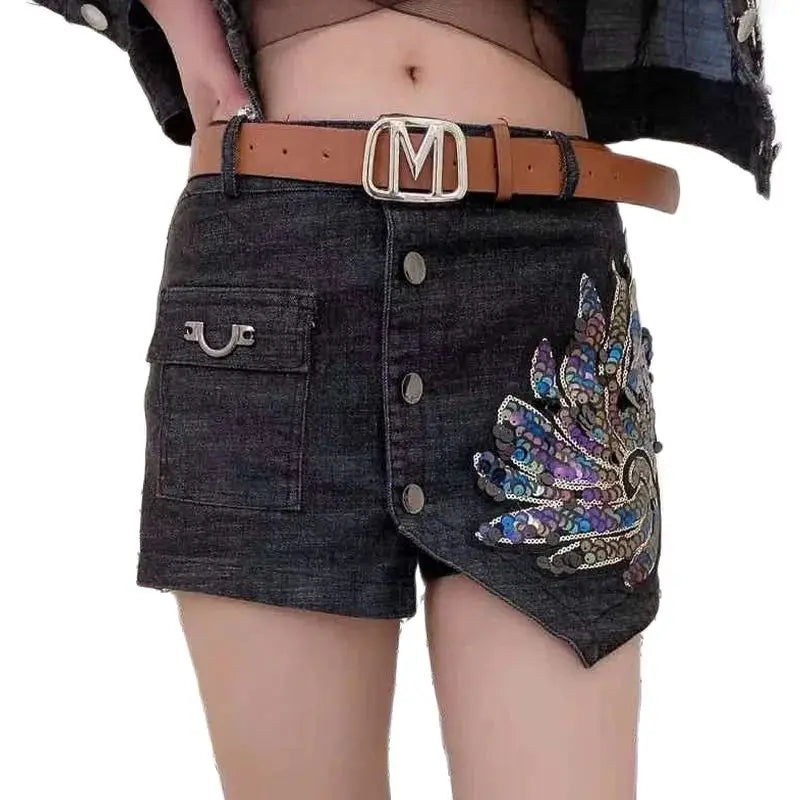 Fashion Sequin Denim Short Skirt Women Spring/Summer New Korean High Waist Slim Irregular Sexy Hot Pants White Black Casual