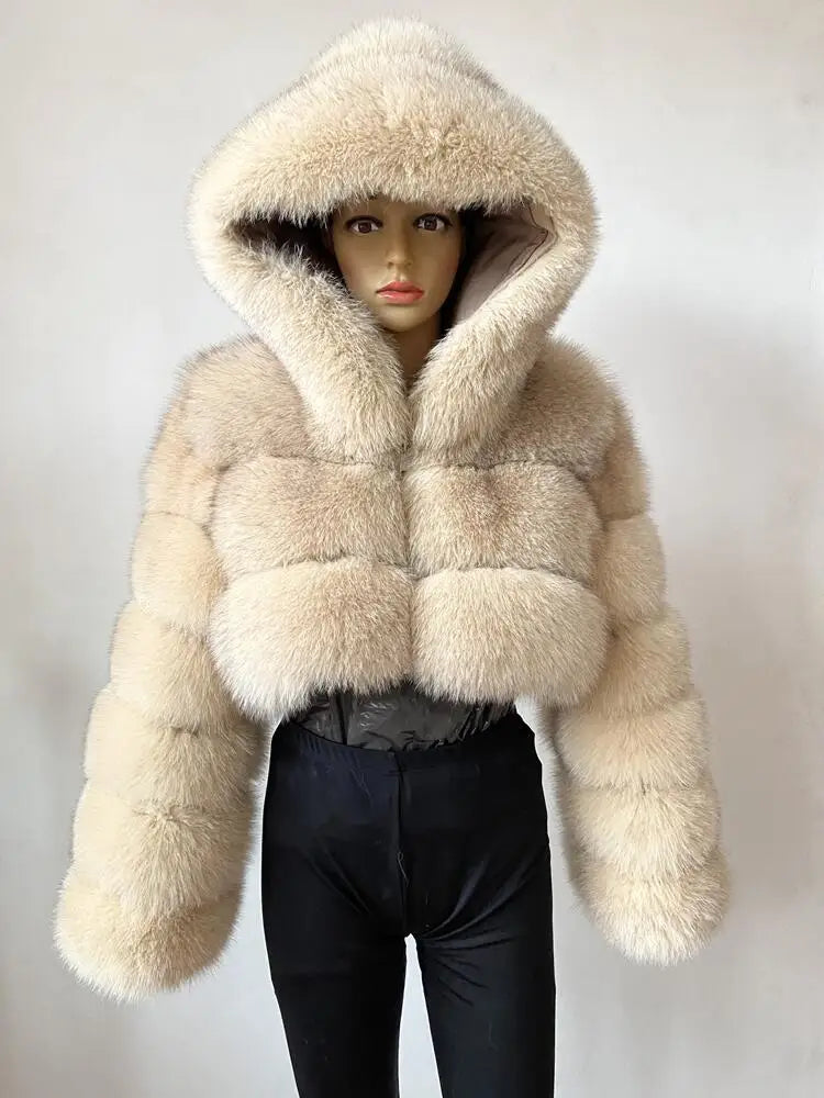 BEIZIRU Winter Women Real Fox Fur Coat Hooded Red Fox Raccoon Zipper Top Luxury Natural Girl Jackets