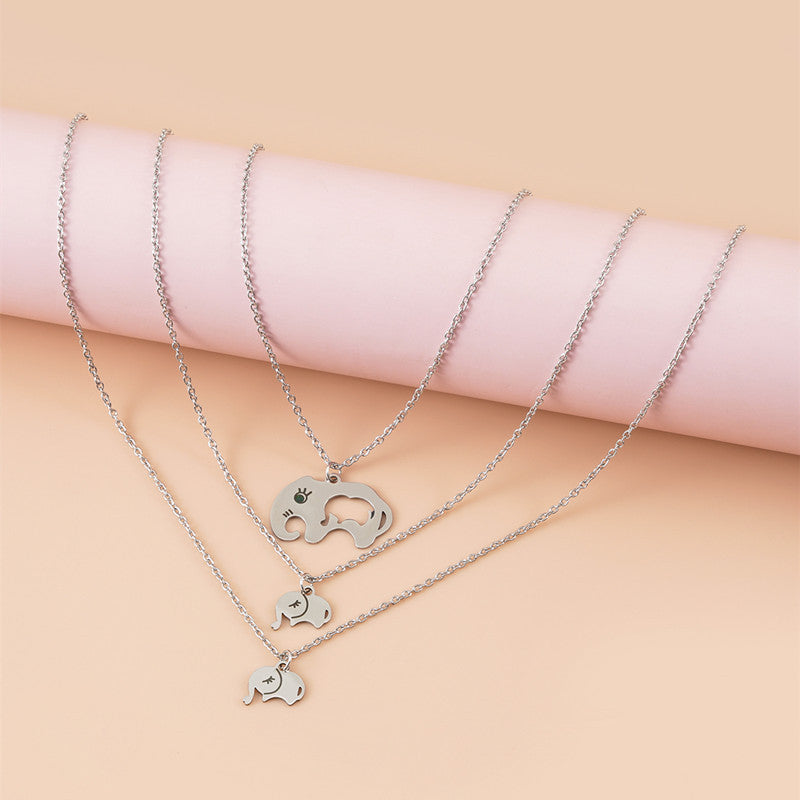 O-type Chain With Stainless Steel Elephant Mother's Day Parent-child Card Necklace Three-piece Set
