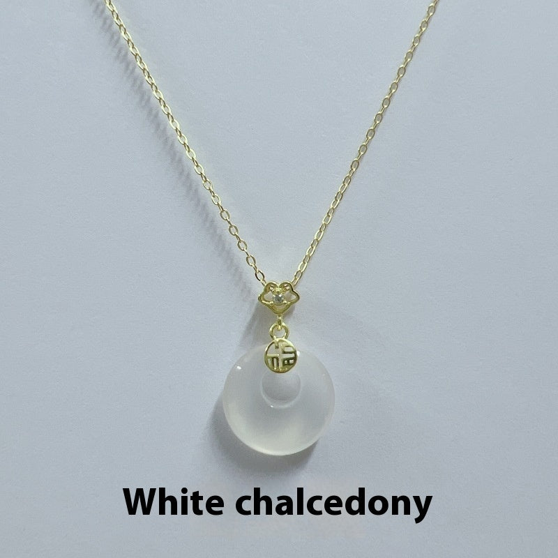 S925 Sterling Silver Fu Character Hetian Jade Peace Buckle Necklace