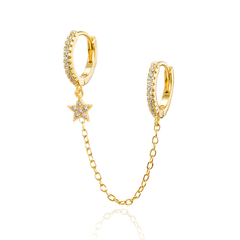 Double Ear Ring Chain Five-pointed Star Jeweled Earrings