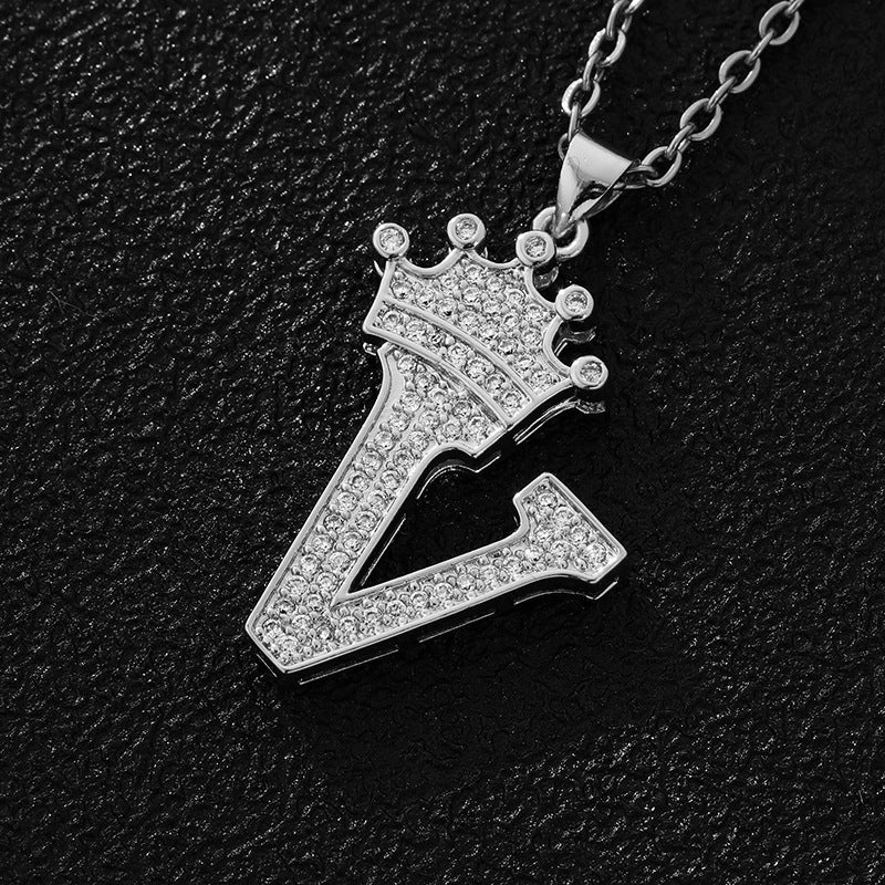 Unisex Copper Inlaid Zircon Crown English Letter Pendant Necklace