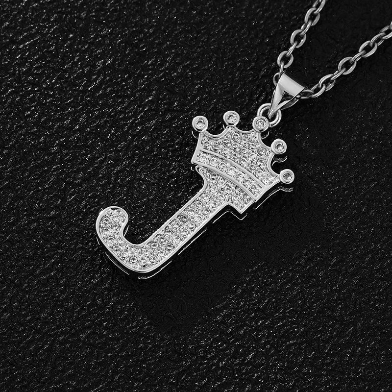 Unisex Copper Inlaid Zircon Crown English Letter Pendant Necklace