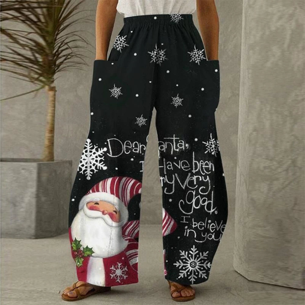 Ladies'Casual Pants Santa Claus Reindeer Print Elastic Waistband Pockets Casual Loose Pants Street Fashion Women's Clothing