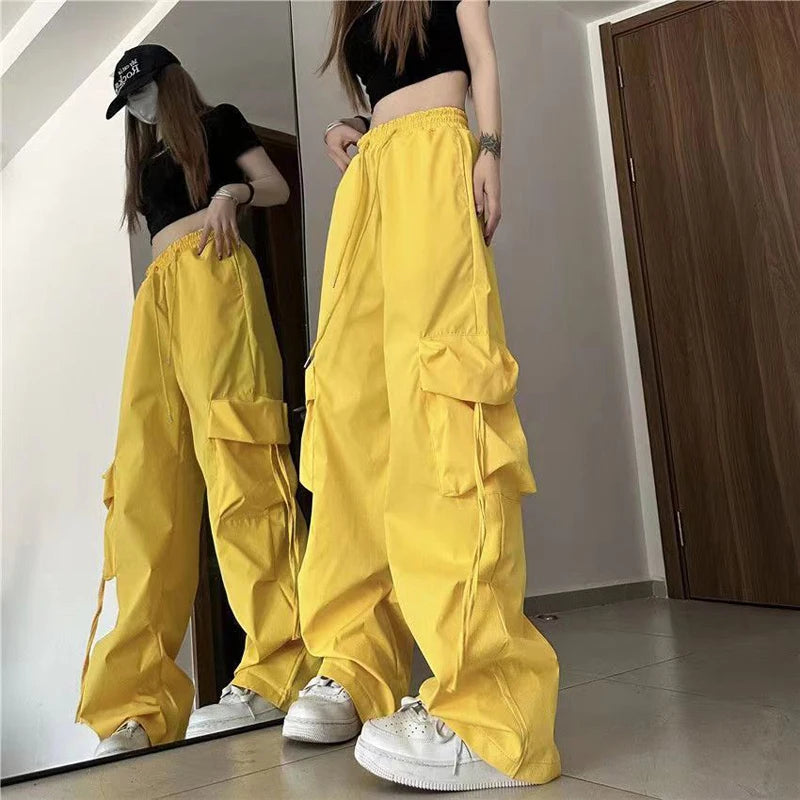 Women Y2K Cargo Pants Fashion Casual High Waist Big Pockets Hip Hop Trousers Female Streetwear Drawstring Baggy Sweatpants