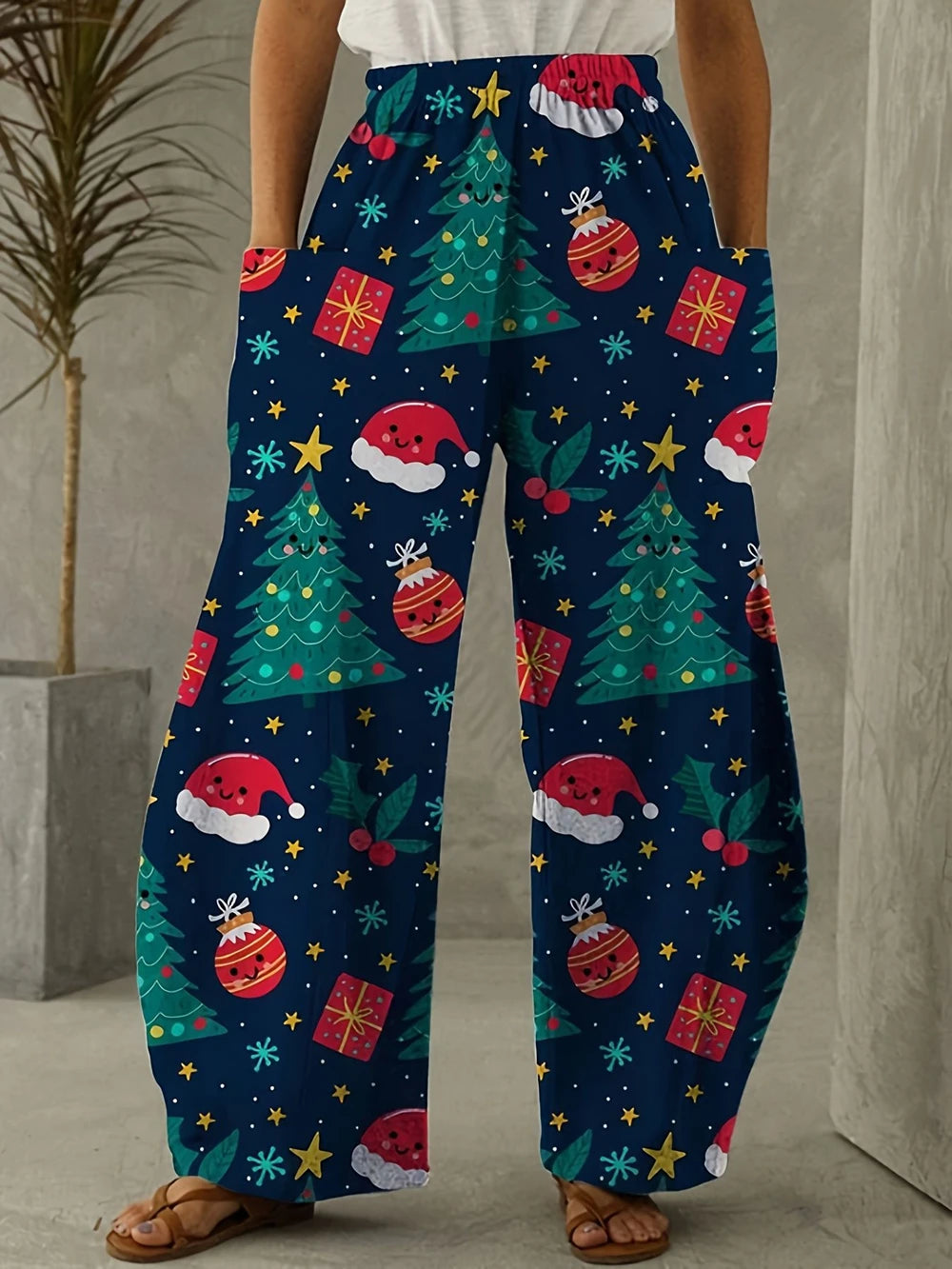 Ladies'Casual Pants Santa Claus Reindeer Print Elastic Waistband Pockets Casual Loose Pants Street Fashion Women's Clothing