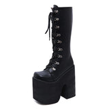 Gdgydh Women's Y2K Side Zipper Platform Boots Knee High Motorcycle Boots Black Closed Toe Lace Up Long Boots