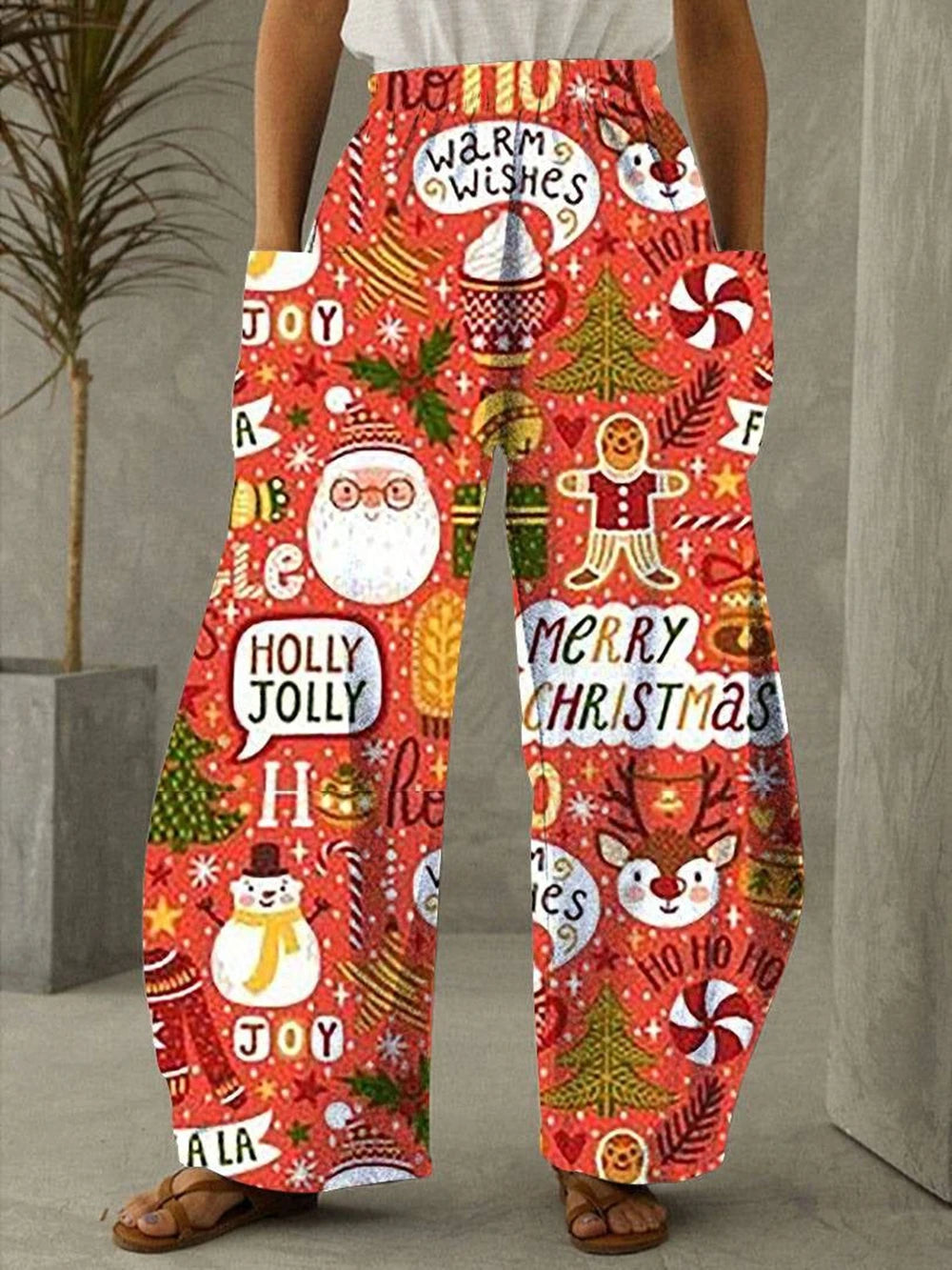 Ladies'Casual Pants Santa Claus Reindeer Print Elastic Waistband Pockets Casual Loose Pants Street Fashion Women's Clothing