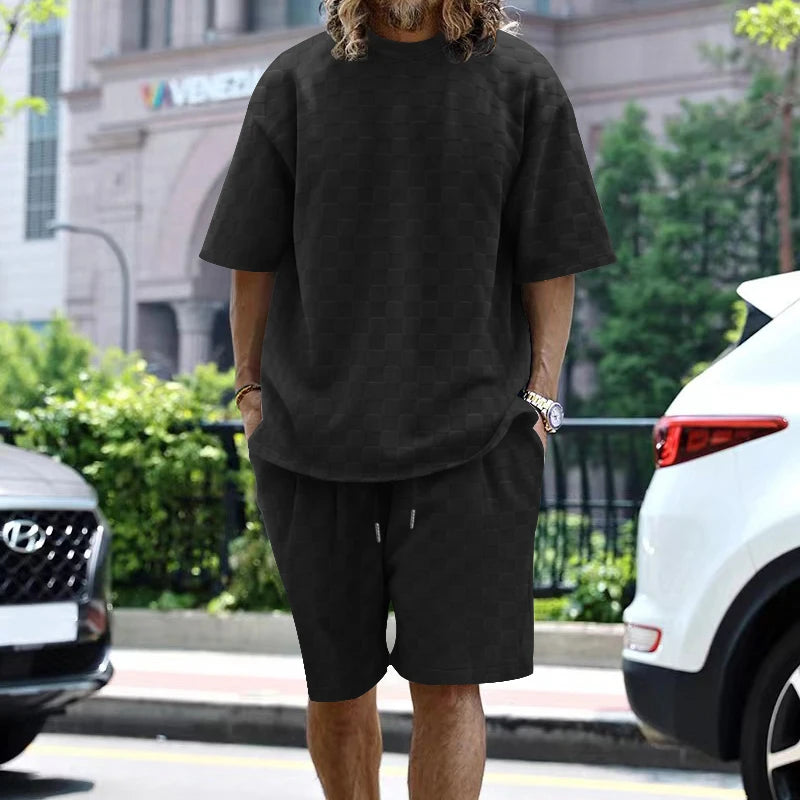 NEW Summer Towel plaid crew Men neck short-sleeved top and shorts Fashion Casual Oversize Men's Short Sleeve Shorts Suit