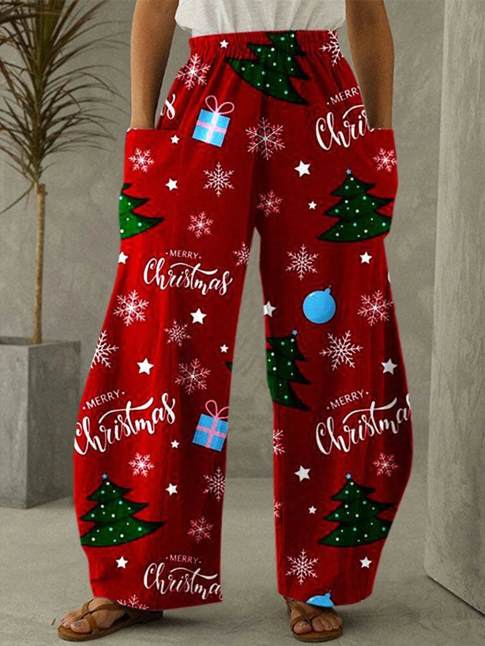 Ladies'Casual Pants Santa Claus Reindeer Print Elastic Waistband Pockets Casual Loose Pants Street Fashion Women's Clothing