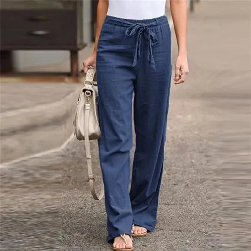 Women Solid Long Pants Women Casual Loose Cotton Linen Lace Up Elastic Waist Wide Leg Trousers Ladies Streetwear Straight Pants