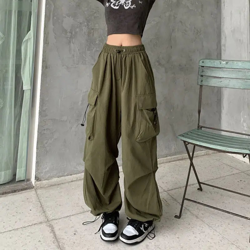 Women Casual Joggers Tech Pants Solid Low Waist Pants Drawstring Wide Leg Baggy Trousers Y2k Streetwear Oversize Sweatpants