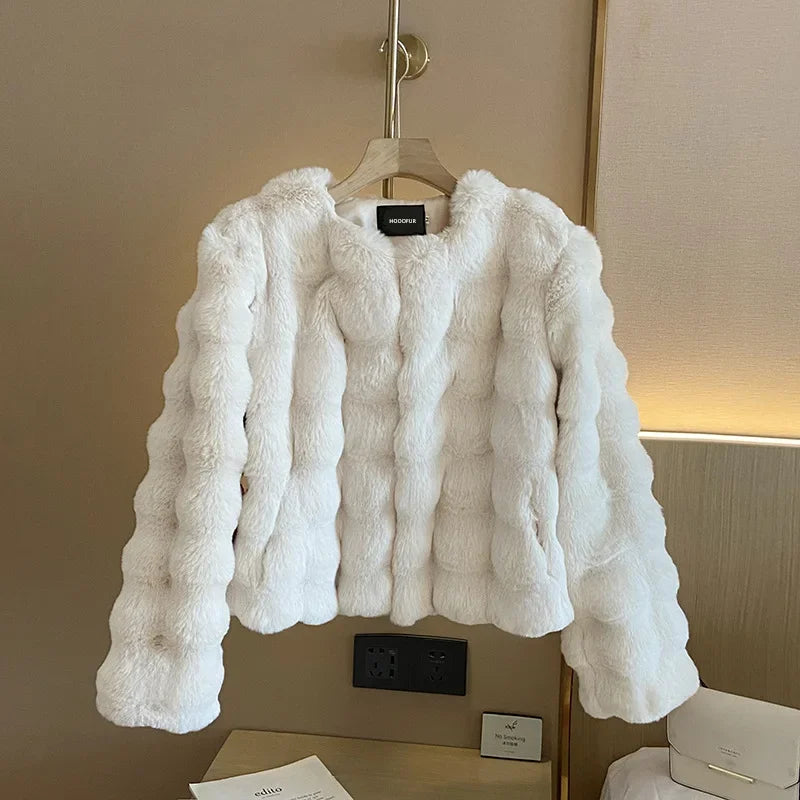 HOOOFUR Faux Fur Coat Women New Style Short Imitation Fur Plush Collarless Top Short Top 2024 Autumn and Winter Warm and Trend