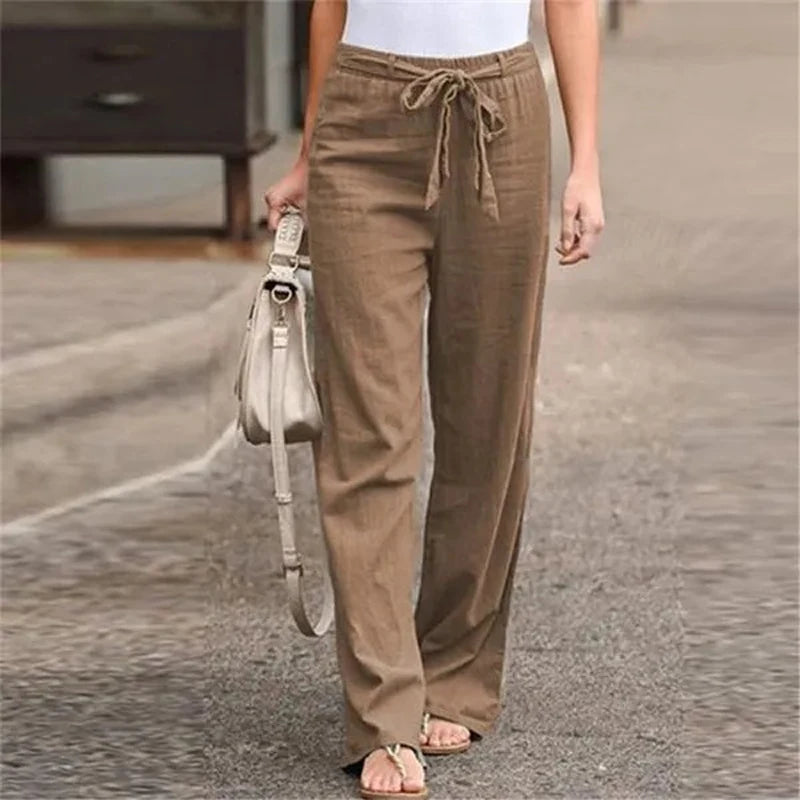 Women Solid Long Pants Women Casual Loose Cotton Linen Lace Up Elastic Waist Wide Leg Trousers Ladies Streetwear Straight Pants