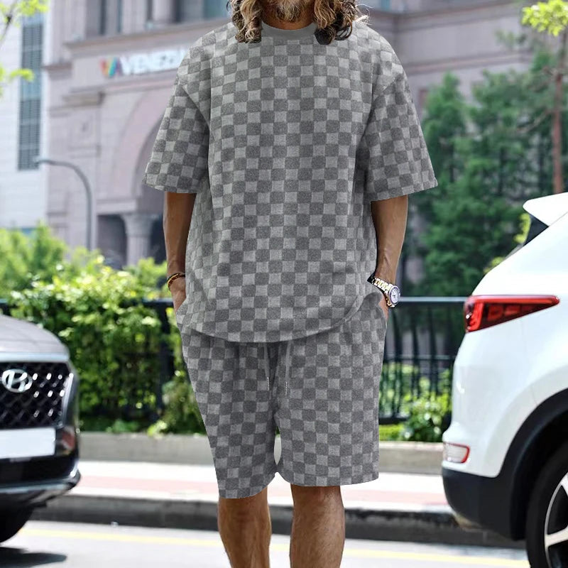 NEW Summer Towel plaid crew Men neck short-sleeved top and shorts Fashion Casual Oversize Men's Short Sleeve Shorts Suit