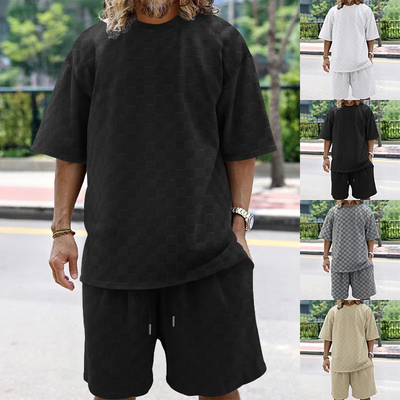 NEW Summer Towel plaid crew Men neck short-sleeved top and shorts Fashion Casual Oversize Men's Short Sleeve Shorts Suit