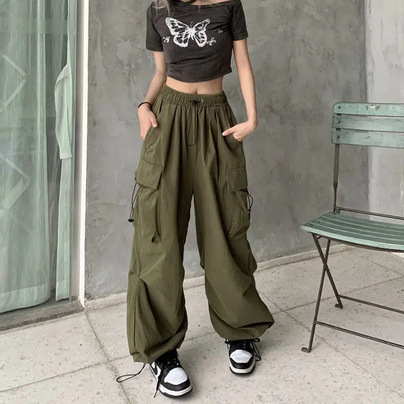 Women Casual Joggers Tech Pants Solid Low Waist Pants Drawstring Wide Leg Baggy Trousers Y2k Streetwear Oversize Sweatpants