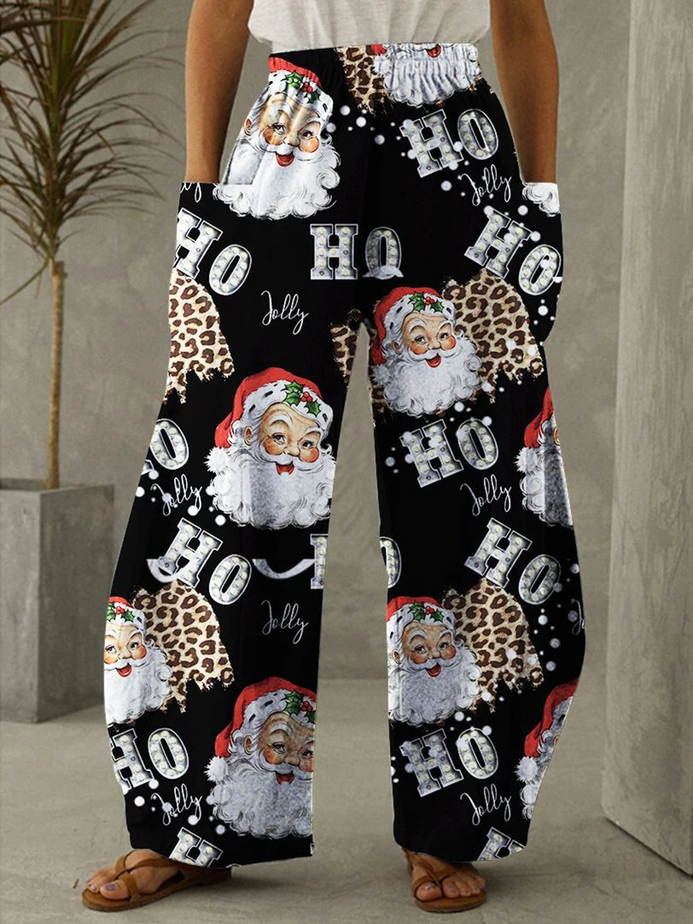 Ladies'Casual Pants Santa Claus Reindeer Print Elastic Waistband Pockets Casual Loose Pants Street Fashion Women's Clothing